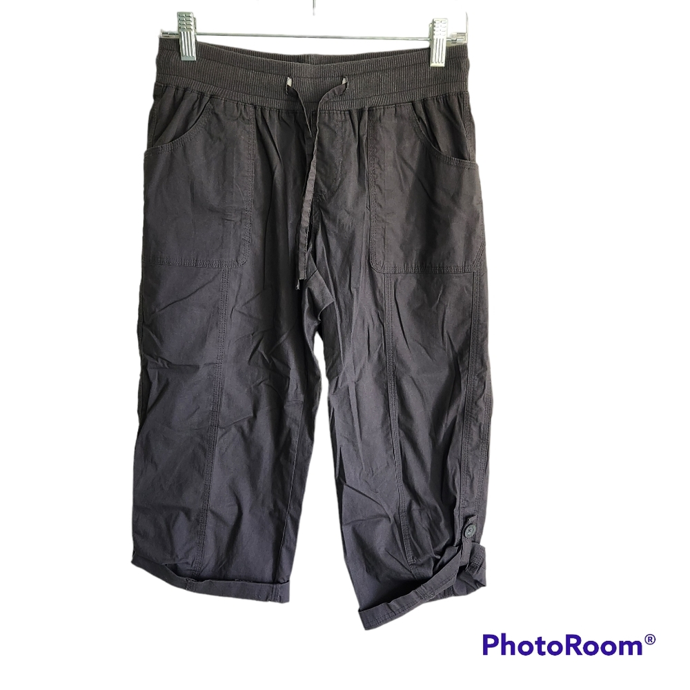 BCG COTTON ACTIVE LIFESTYLE WEEKEND CAPRI PANTS EBONY DRAWSTRING SIZE SMALL NWT